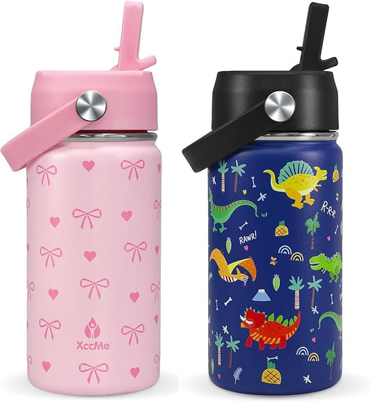2Pack Kids Water Bottle With Straw Lid,14 oz Stainless Steel Travel Bottle,Double Wall Leak Proof Kids Cup,Insulated Tumbler for Toddlers,Metal Bottle for School Boys Girls(Bow+Dinosaur)