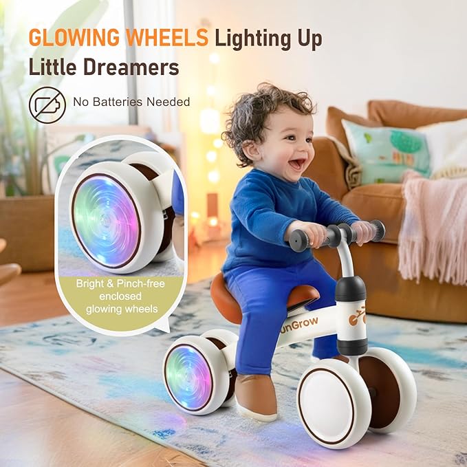 Colorful Lighting Baby Balance Bike Toys for 1 Year Old Girl Gifts, Balance Bike 1 Year Old No Pedal, 12-24 Months Toddler Ride on Toys with 4 Silent Wheels & Soft Seat, 1st Birthday Gifts, White
