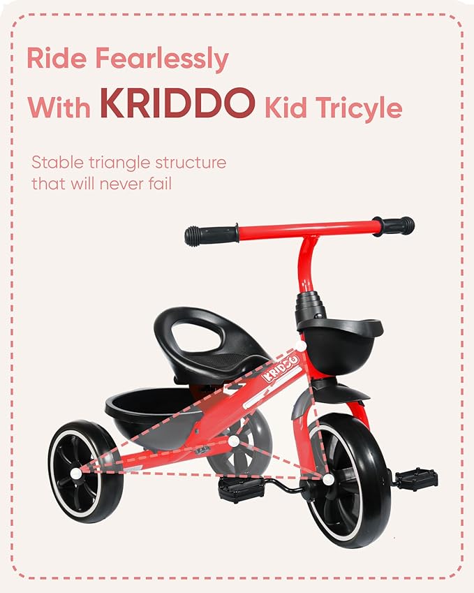 KRIDDO Kids Tricycles Age 24 Month to 4 Years, Trike for 2.5 to 5 Year Old, Gift Tricycles for 2-4 Year Olds, Trikes for Toddlers, Red