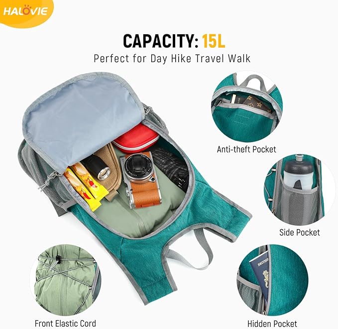 HALOVIE 15L Foldable Hiking Backpack Phone Pocket Lightweight Travel Daypack with Chest Strap Small Packable Pack for Walking Women Men (Cyan)