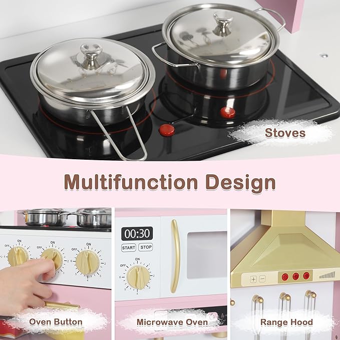 Kids Kitchen Playset, Wooden Play Kitchen with Toy Storage System, Pretend Play Kitchen Set Toy with Range Hood, Ice Maker & Coffee Maker, for Kids Ages 3+, Pink