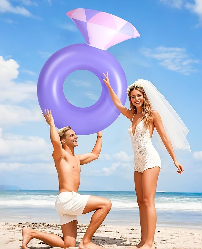 HeySplash Pool Floats, Inflatable Diamond Ring Pool Float, Large Engagement Ring Floatie for Bachelorette Party, Swim Tube River Lake Wedding Bride Stagette Decor Fun Toy Raft for Adults, Purple Pink