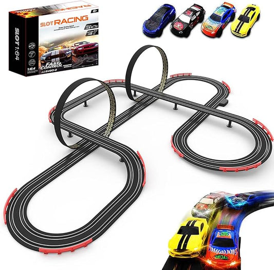 Slot Racing Car Track for Kids 28Ft Electric Powered Race Tracks Sets for Boys and Kids,Dual Racing with 4 High Speed Cars and 2 Hand Controllers, Gift Toys for Children 6,7,8 Years Old