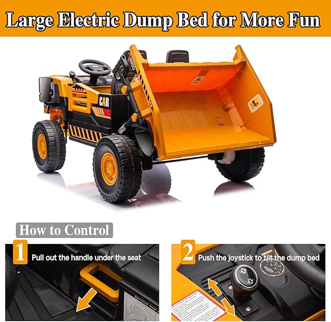24V 4WD 2-Seater XL Kids Ride on Truck Electric Toy Car with Electric Dump Bed, Parents Remote Control Kids Car Tractor Toys Ride-on Dump Truck for Boys and Girls Ages 3+, Yellow