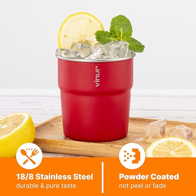 VINUR Kids Stainless Steel Cups-8 oz Stackable Tumbler Metal Drinking Glasses for Travel, Camping, Outdoors, 4 Pack (Royal Blue-Canyon Red-Black-Purple Pink)