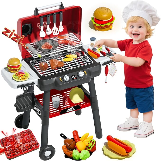 Kids BBQ Grill Playset, Kitchen Playset with Smoke Sound Light and Wheel, Movable Pretend Play Toy Grills for Kids Ages 4-8, 2-Layer Outdoor Cooking Toys for Toddlers 3-5 Birthday Gifts