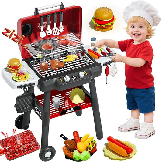 Kids BBQ Grill Playset, Kitchen Playset with Smoke Sound Light and Wheel, Movable Pretend Play Toy Grills for Kids Ages 4-8, 2-Layer Outdoor Cooking Toys for Toddlers 3-5 Birthday Gifts