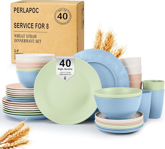40 PCS Wheat Straw Dinnerware Sets Unbreakable Dishes Set for 8 Plastic Plates and Bowls Sets with Cups Dishwasher & Microwave Safe - Colorful