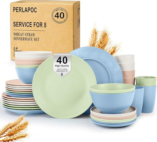 40 PCS Wheat Straw Dinnerware Sets Unbreakable Dishes Set for 8 Plastic Plates and Bowls Sets with Cups Dishwasher & Microwave Safe - Colorful