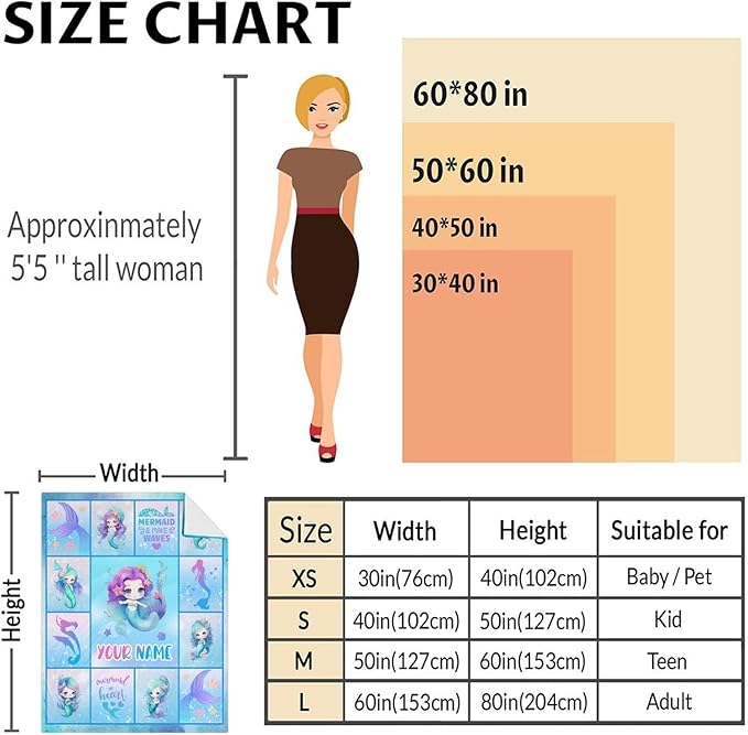 Personalized Mermaid Blanket with Name - Soft, Fuzzy & Warm - 60"x80" Twin Size Blanket for Bed, Couch & Living Room - Blue Cute Throw Gifts for Girls