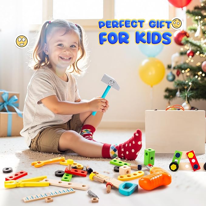 Kids Tool Set with Drill, Montessori Toys for 3 4 5 6 Years Boys Girls, Toddler Stocking Stuffers, Kids Christmas Toys, 37 Pcs Wooden STEM Construction Learning Pretend Play Games