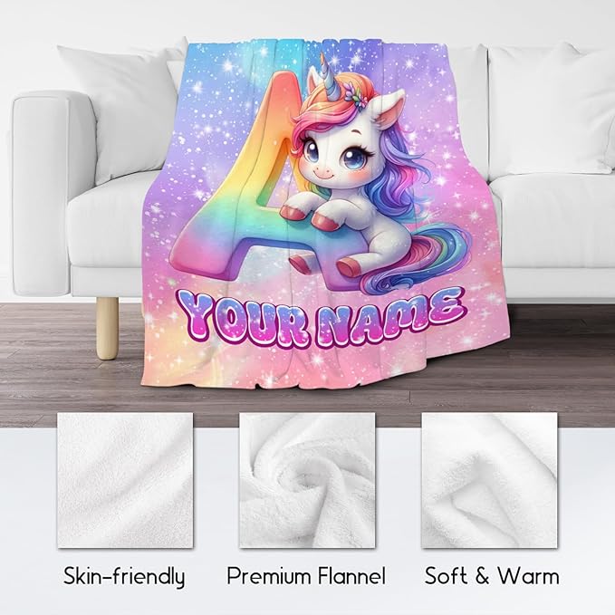 Unicorn Blanket - Personalized Girls Blanket with Name for Kids - Custom Monogram Gifts for Daughter - Plush Soft Fleece Throws - 4 Sizes for Toddler/Children/Teens/Adults
