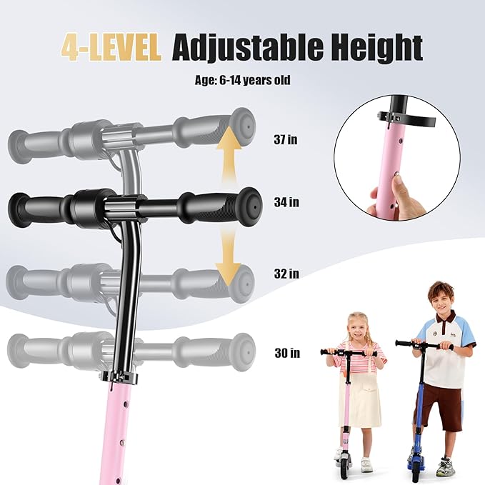 Caroma Electric Scooter for Kids Ages 6-14, 180W/150W Motor & 10 Mph, 85 Mins Ride Time, Adjustable Height & Speed, LED Display & Colorful Lights, Kids Electric Scooter, Best Gifts for Girls and Boy