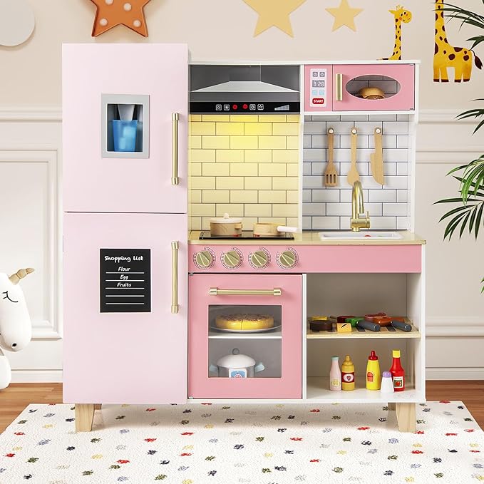 HONEY JOY Kids Kitchen Playset, Wooden Little Girls Toy Kitchen Set with Lights, Ice Maker, Cookware, Range Hood, Stove, Storage Cabinet, Blackboard, Pretend Play Kitchen for Toddlers, Pink
