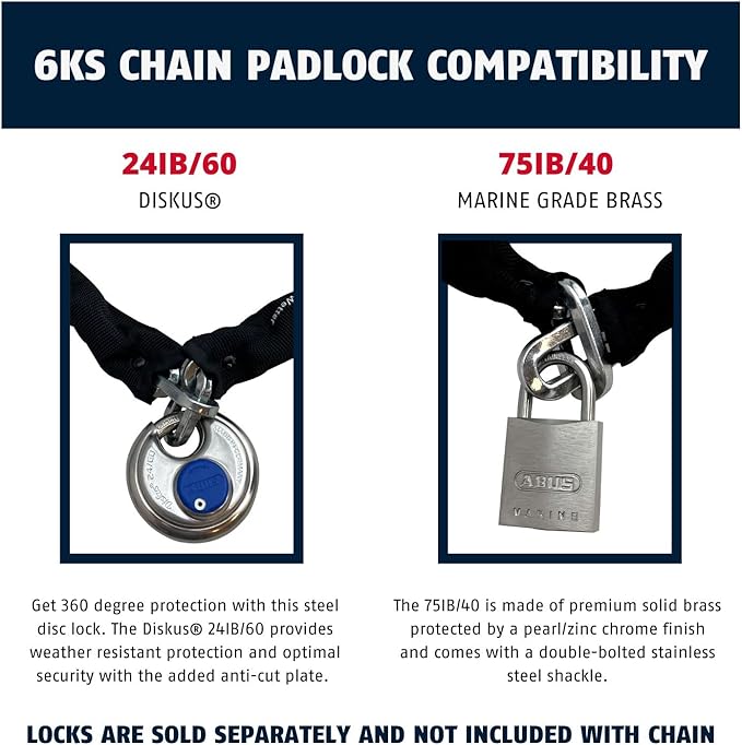 ABUS Hardened Steel 6KS 2 Foot x 1/4" Thick Square Security Chain for Bikes, Containers, Trailers, ATV's, Motorcycles and Personal/Industrial Property