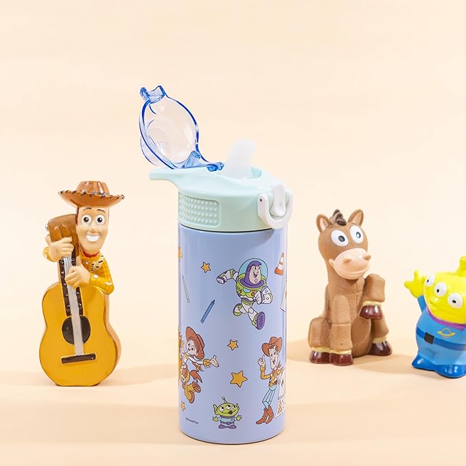Zak Designs Disney and Pixar Toy Story Sage Kids Water Bottle For School or Travel, 14oz Stainless Steel Water Bottle With Straw, Handle, and Leak-Proof, Pop-Up Spout Cover (Woody, Buzz & Friends)