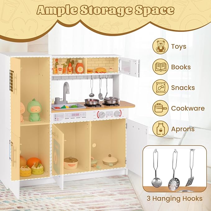 HONEY JOY Kids Kitchen Playset, Wooden Little Chef Pretend Play Kitchen Set w/Blackboard, Large Storage Cabinet, Stove, Faucet, Sink, Play Kitchen for Toddlers, Gift for Boys Girls, White