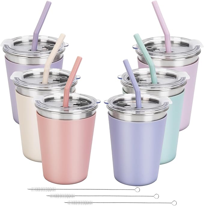 Kids Straw Cups, 6 Pack 12oz Sippy Cup With Silicone Sleeve Spill Proof, Stainless Steel Cups with Lids and Straws for Kids Girls Boys and Adults
