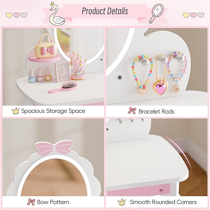 MU Kids Vanity Set with Lighted Mirror and Stool, Kids Makeup Vanity Desk with Storage Space, Bow Pattern for Little Girls, Toddler Princess Makeup Dressing Table with Chair Set, White