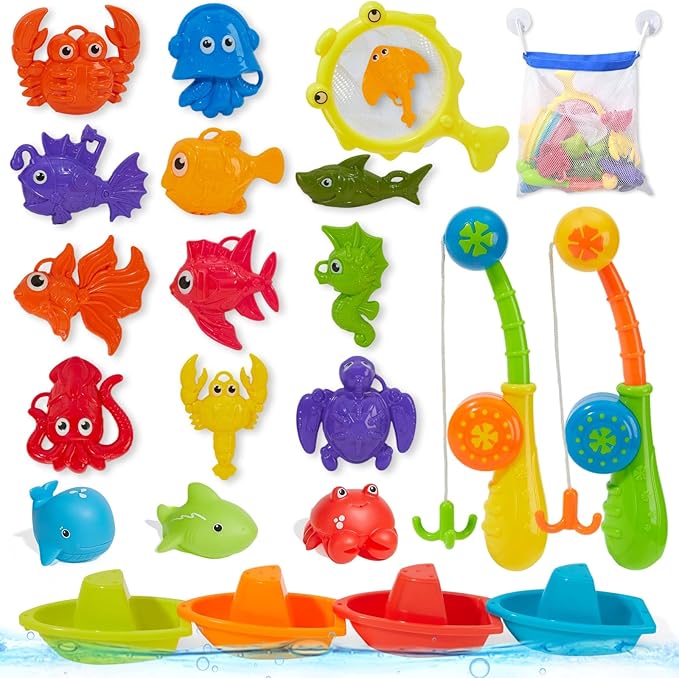 Bath Toys Fishing Toys Game for Kids Ages 1-3, 22 PCS | Mold-Free Toddler Bath Toys with Fishing Pole Rod Net Floating Fish & Storage Bag, No Hole Bathtub Toys, Outdoor Water Toys for Kids Ages 4-8