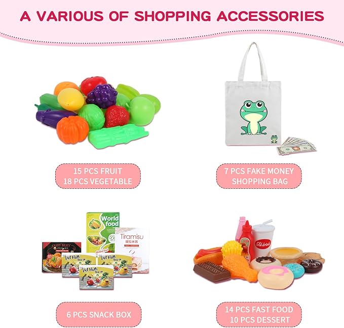 Kids Shopping Cart - 2 in 1 Toy Shopping Cart with Play Food Fruit Vegetable Dessert and Shop Accessories, 72pcs Pretend Play Grocery Store Toy Kitchen Game Trolley Play Set for Kids (Pink)