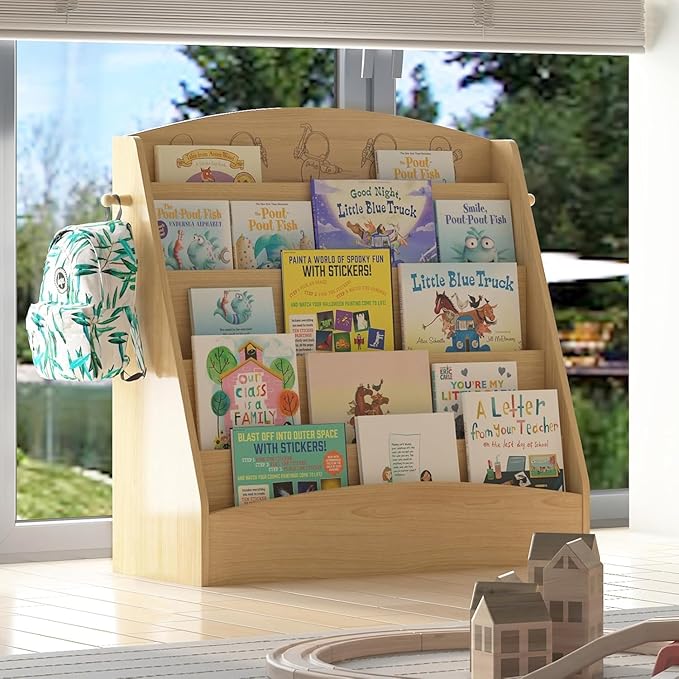 5-Tier Kids Bookshelf Montessori Toddler Book Rack Baby Bookcase Floor Front Facing Magazine Display Shelf for Bedroom Playroom Nursery Classroom Kindergarten Wood (Natural)