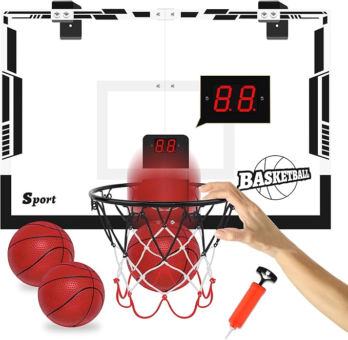 Large Basketball Hoop Indoor, 24" x 16" Mini Basketball Hoop for Kids, Over The Door Basketball Hoop with Scoreboard, Balls & Pump, Sport Toys for Teens Adults Boys Girls Office Bedroom