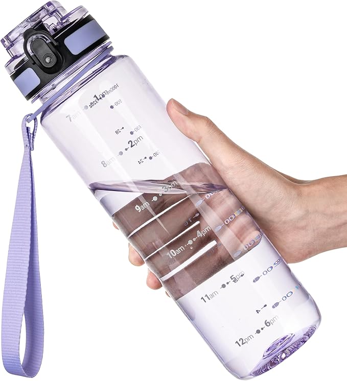 OLDLEY 32 oz Water Bottle, Motivational Water Bottle with Time Marker, Sports Water Bottle With Strap, Leakproof & BPA Free Large Water Bottles for School,Gym,Outdoor, Tritan, Transparent-Purple