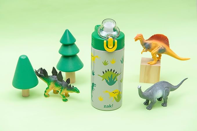 Zak Designs Sage Kids Water Bottle For School, Travel or At Home, 14oz Stainless Steel Water Bottle With Straw, Handle, and Leak-Proof, Pop-Up Spout Cover (Dino)