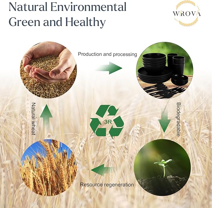 Wrova Wheat straw dinnerware set of 28 - Bowls and Plates Set for Dorm - Microwave and Dishwasher safe dish sets for kitchen,camping,indoors and out doors.Black