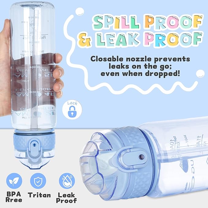 OLDLEY 17oz Kids Motivational Water Bottle, Leak-Proof Tritan BPA-Free, Reusable for School Girls & Boys, Silicone Straw, Baby Blue