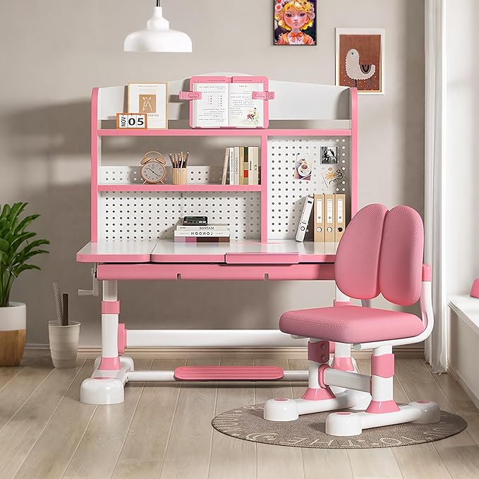 Kids Desk and Chair Set, Height Adjustable Study Table with Bookshelf & Storage Drawer, 0-50° Tiltable Desktop, Ergonomic Study Desk for Boys and Girls Ages 3-12 (Pink)