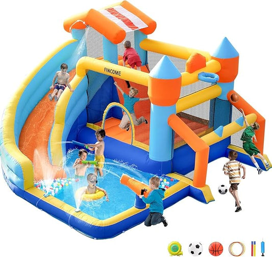 Bounce House, Inflatable Bounce House with Water Slide for Kids Indoor & Outdoor, Bouncy Castle with Football Frame, Water Cannon, Basketball Hoop & Ring Toss, Water Slides for Kids Backyard