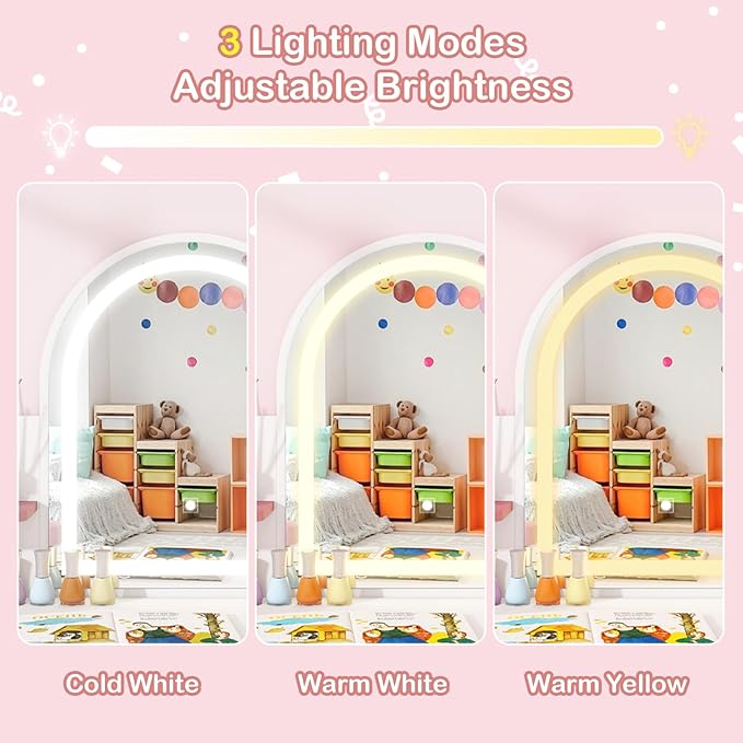 ARTETHYS Kids Vanity with Mirror and Lights Small Princess Pink & White Dressing Table with Open Bookshelf 3 in 1 Toddler Makeup Vanity Desk Set with Storage Chair and Toy Organizer for Little Girls