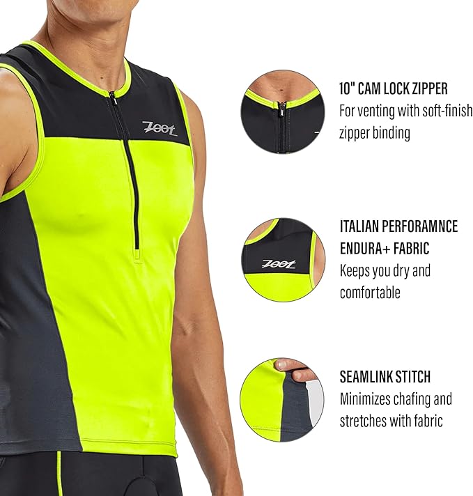Zoot Men’s Core Tri Tank, Performance Triathlon Race Tank Top, UPF 50+ Fabric, Rear Pockets, Mesh Panels, & Cam Lock Zipper