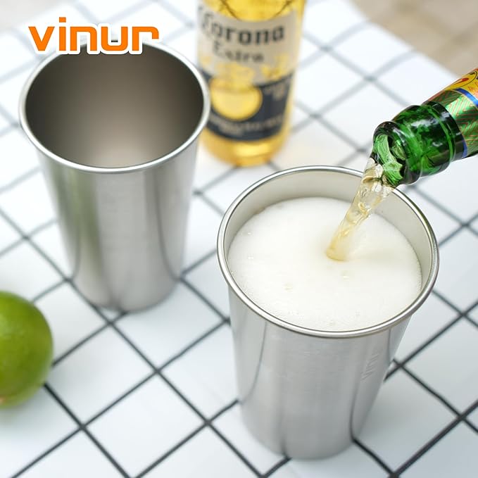 VINUR Stainless Steel Cups 4 Pack -16 oz Pint Tumbler Stackable Metal Drinking Glasses for Travel, Camping, Outdoors (Silver)
