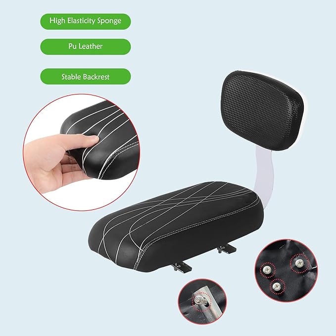 Bicycle Rear Seat with Back,Pu Leather Soft Cushion Bicycle Passenger Seat,Rear Bike Seat Kids Including Cushion and Backrest, Armrest, Footrests (Black)