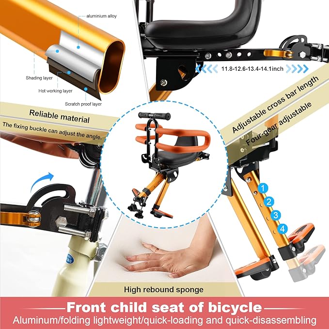 Child Bike Seat - Front Mount, Kids Bike Seat for Adult Bike,Retractable Baby Bike Seat Front Mounted, Toddler Bike Seat for Children 2~6 Years