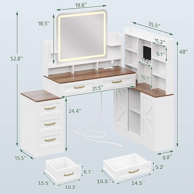 White Vanity Desk with Mirror and Lights 3 Colors, Makeup Vanity Table with Lights & Power Outlets,Makeup Desk with 5 Drawer and Storage Shelves, Jewelry Storage for Bedroom,White Vanity