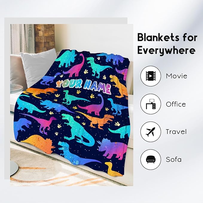 Personalized Blankets for Boys, Dinosaur Blanket for Boys Girls, Dinosaur Gifts for Children Adults, 60"x80" Custom Flannel Throw for Bed Living Room, Soft Fuzzy Cozy Girls Gifts
