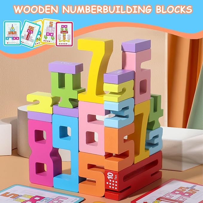 Wooden Number Building Blocks, 1-10 Digital Building Blocks for Kids 3+, Math Learning Tools Digital Blocks Toys, Stacking Blocks Balance Game Toy, Educational Toy Gift for Boys Girls
