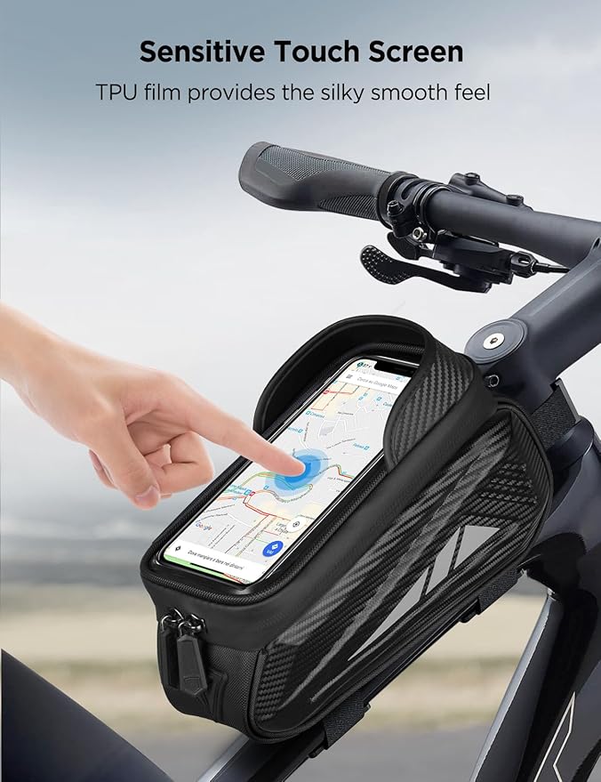Bike Phone Holder Bag, EVA Waterproof Bicycle Front Frame Bag, Bike Accessories Cycling Pouch with Sensitive TPU Touch-Screen, Bicycle Phone Mount with Rain Cover for Phone under 7" (Black, 7 inch)