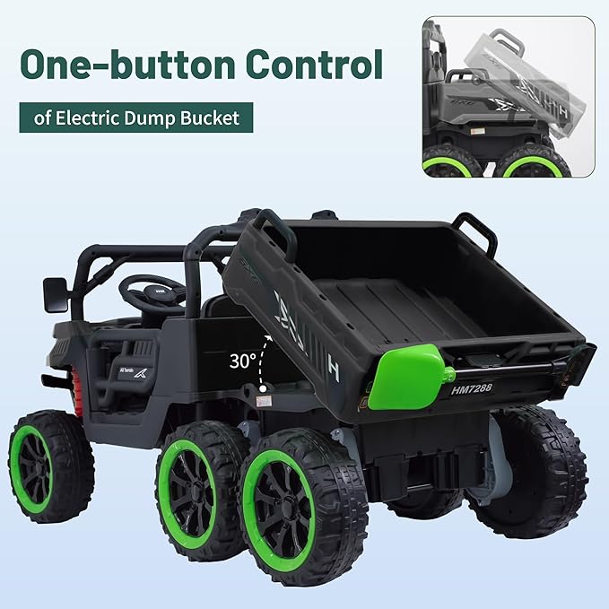 24V UTV 2 Seater Dump Truck with Remote Control, Electric Dump Bed, 4WD Power Ride on Truck Cars 6x6 Wheels, Music, Storage Trunk, Shovel for Kids-Black