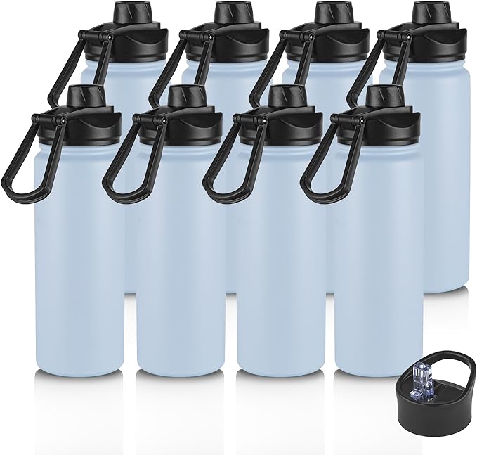24oz Insulated Water Bottle with Straw Lid, Stainless Steel Metal Water Bottle with Straw & Wide Mouth Lid, Double Wall Vacuum Water Bottle for Hiking Camping, Light Blue 8 Pack