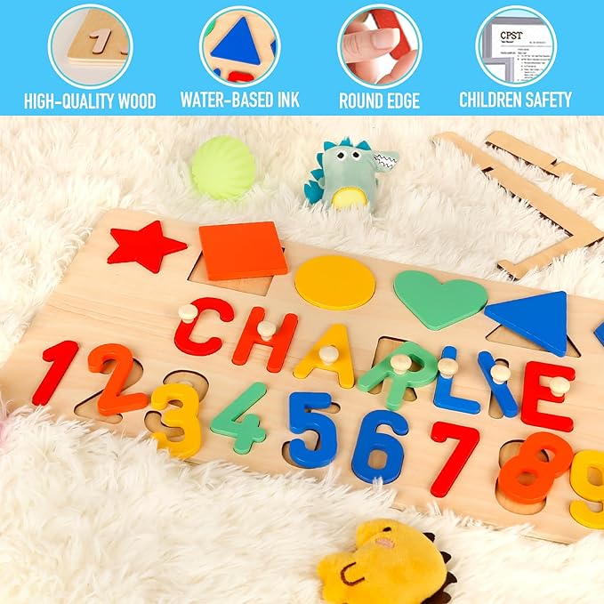 Baosity Personalized Name Puzzle for Kids, Custom Wooden Puzzles for Toddlers 1-3, Shape & Number Puzzle, Early Baby Toys, 1st Birthday Gifts Boy Girl, Gifts for Birthday Christmas Baby Shower