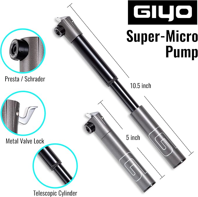 GIYO Small Bike tire Pump Schrader & Presta Valve for MTB 80 PSI Telescopic Barrel All Metal CNC Portable Mini Bike Pump Secure Valve Lock for Easy Pumping | Taiwan Made GM043