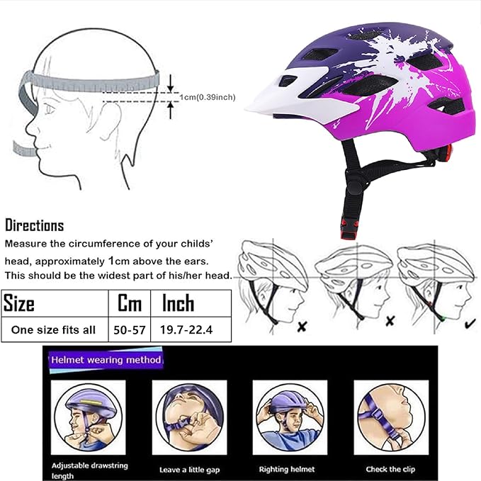 Kids Bike Helmet,Bavilk Kids Boys Girls Bike Helmets with LED Light Detachable Visor Children Youth Teen Multi-Sport for Skating Cycling Scooter Skateboard Adjustable & Lightweight 19.7"-22.4"