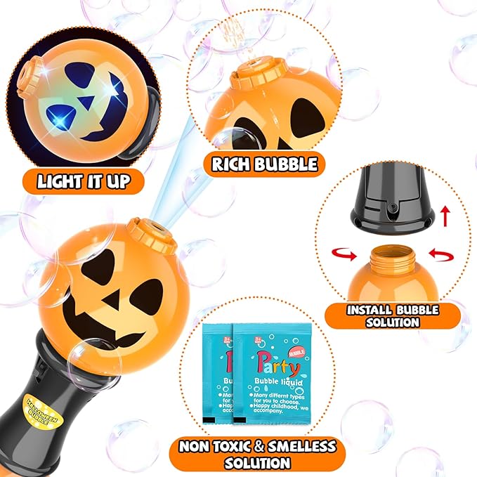SpringFlower Halloween Toy,Bubble Blower Wand,6.7 Inch Illuminating Bubble Maker with LED Light-Up Effect for Kids,Halloween Bubble Party Favor,Pumpkin & Skull Design, 2 Pack