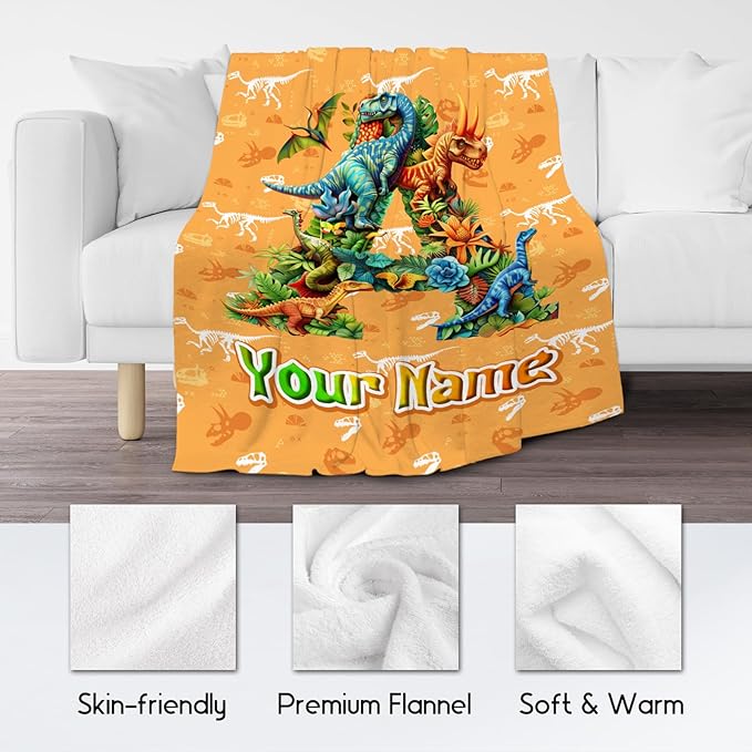 Personalized Kids Blanket, Dinosaur Blanket for Boys - Custom Throw with Initial Name, Monogram Gifts for Son & Grandson - 60"x80" Soft Plush Toddler Throws for Living Room