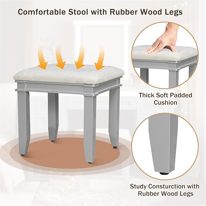 LUMISOL Makeup Vanity Desk with Mirror and Lights, 3 Lighting Modes, 48" Vanity Table with 7 Bamboo Weave Drawers, Dressing Table Set with Cushioned Stool, Grayish Blue